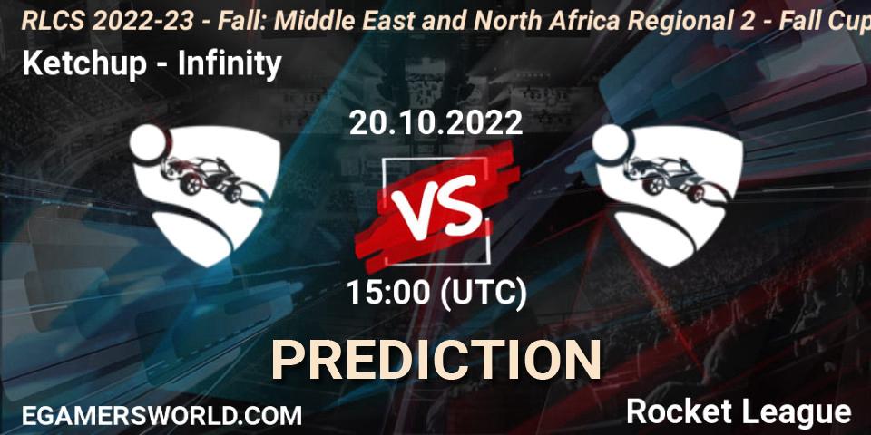Prognose für das Spiel Ketchup VS Infinity. 20.10.2022 at 15:00. Rocket League - RLCS 2022-23 - Fall: Middle East and North Africa Regional 2 - Fall Cup
