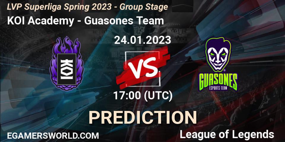 Prognose für das Spiel KOI Academy VS Guasones Team. 24.01.2023 at 18:00. LoL - LVP Superliga Spring 2023 - Group Stage