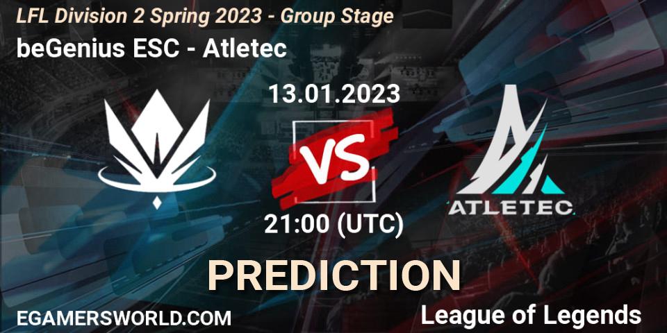 Prognose für das Spiel beGenius ESC VS Atletec. 13.01.2023 at 21:00. LoL - LFL Division 2 Spring 2023 - Group Stage