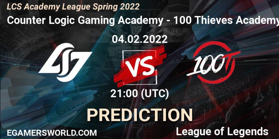 Prognose für das Spiel Counter Logic Gaming Academy VS 100 Thieves Academy. 04.02.2022 at 21:00. LoL - LCS Academy League Spring 2022