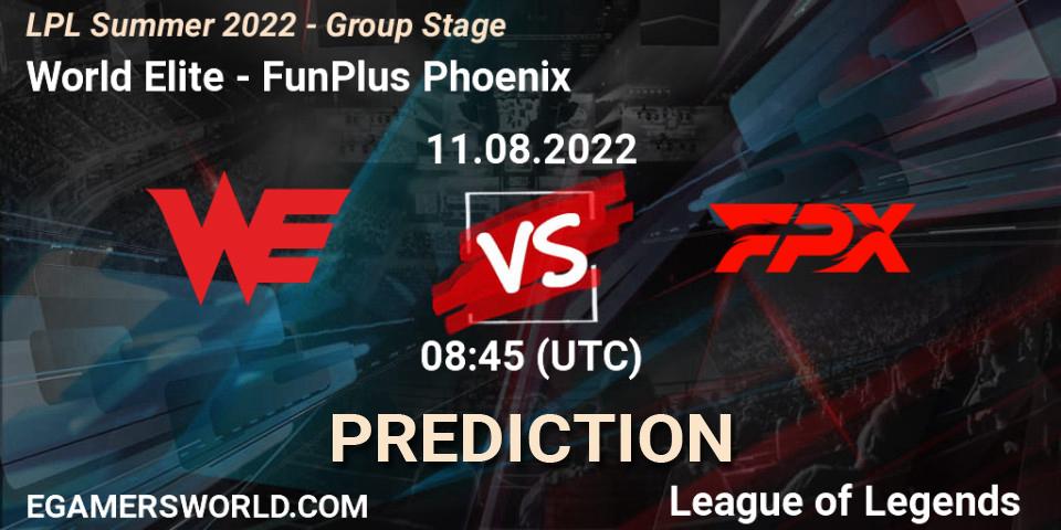 Prognose für das Spiel World Elite VS FunPlus Phoenix. 11.08.22. LoL - LPL Summer 2022 - Group Stage