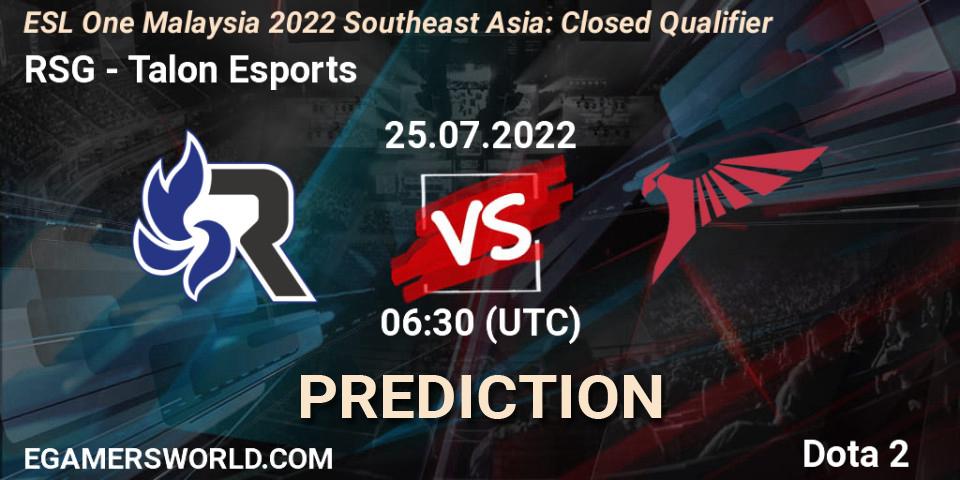 Prognose für das Spiel RSG VS Talon Esports. 25.07.2022 at 07:06. Dota 2 - ESL One Malaysia 2022 Southeast Asia: Closed Qualifier