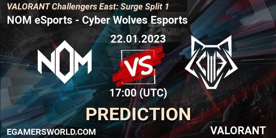 Prognose für das Spiel NOM eSports VS Cyber Wolves Esports. 22.01.2023 at 17:00. VALORANT - VALORANT Challengers 2023 East: Surge Split 1