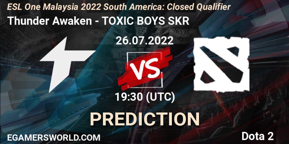 Prognose für das Spiel Thunder Awaken VS TOXIC BOYS SKR. 26.07.2022 at 19:30. Dota 2 - ESL One Malaysia 2022 South America: Closed Qualifier