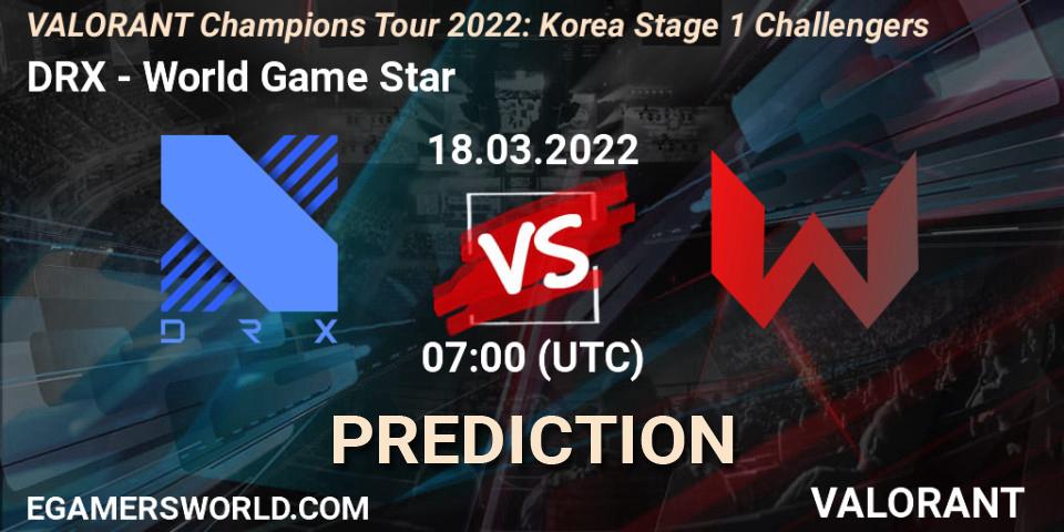 Prognose für das Spiel DRX VS World Game Star. 18.03.2022 at 07:00. VALORANT - VCT 2022: Korea Stage 1 Challengers
