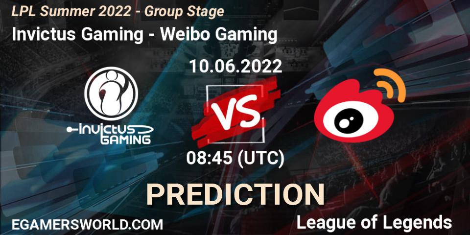 Prognose für das Spiel Invictus Gaming VS Weibo Gaming. 10.06.22. LoL - LPL Summer 2022 - Group Stage