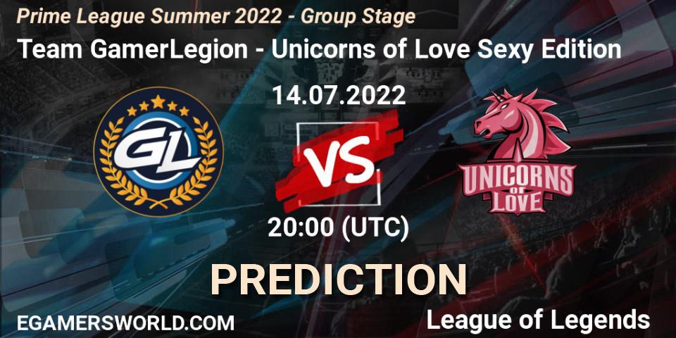 Prognose für das Spiel Team GamerLegion VS Unicorns of Love Sexy Edition. 14.07.2022 at 20:00. LoL - Prime League Summer 2022 - Group Stage