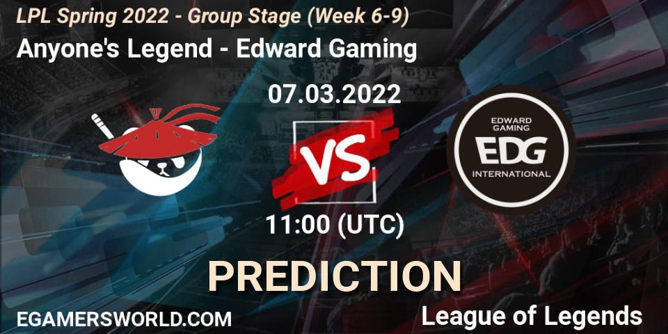 Prognose für das Spiel Anyone's Legend VS Edward Gaming. 07.03.22. LoL - LPL Spring 2022 - Group Stage (Week 6-9)