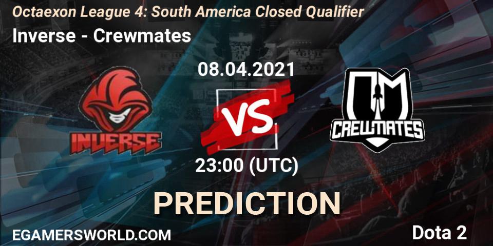 Prognose für das Spiel Inverse VS Crewmates. 08.04.2021 at 23:04. Dota 2 - Octaexon League 4: South America Closed Qualifier