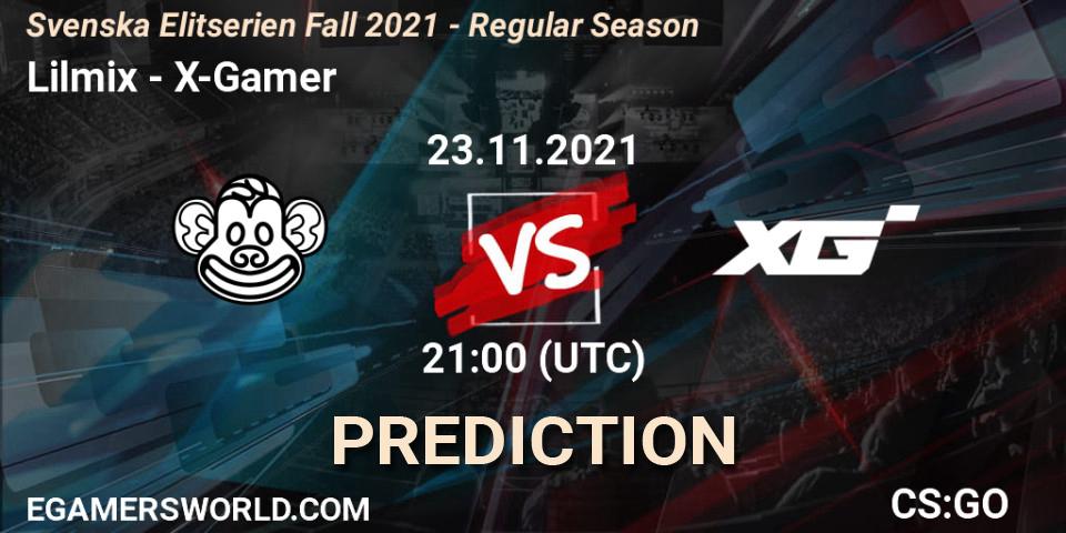 Prognose für das Spiel Lilmix VS X-Gamer. 23.11.2021 at 21:00. Counter-Strike (CS2) - Svenska Elitserien Fall 2021 - Regular Season