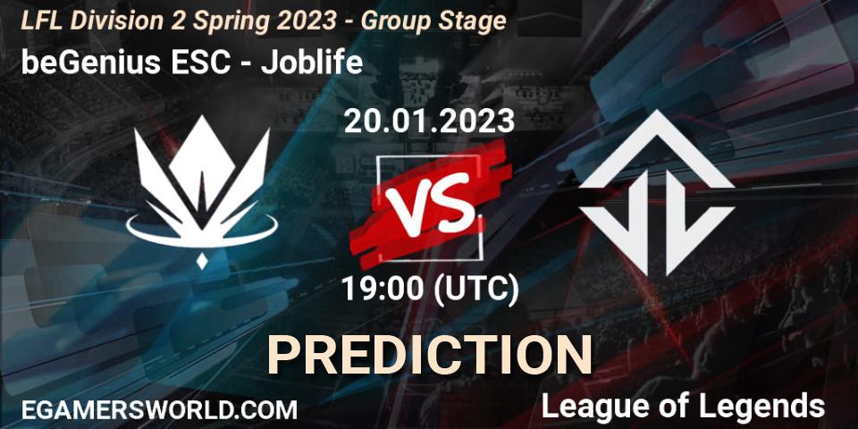 Prognose für das Spiel beGenius ESC VS Joblife. 20.01.2023 at 19:00. LoL - LFL Division 2 Spring 2023 - Group Stage