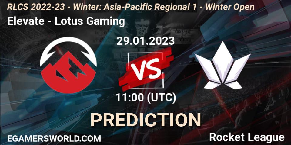 Prognose für das Spiel Elevate VS Lotus Gaming. 29.01.2023 at 11:00. Rocket League - RLCS 2022-23 - Winter: Asia-Pacific Regional 1 - Winter Open