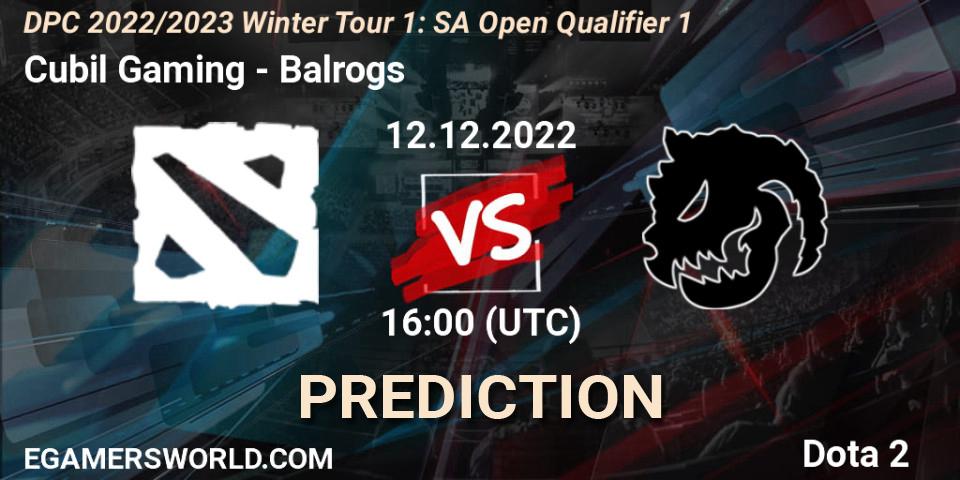 Prognose für das Spiel Cubil Gaming VS Balrogs. 12.12.2022 at 16:08. Dota 2 - DPC 2022/2023 Winter Tour 1: SA Open Qualifier 1