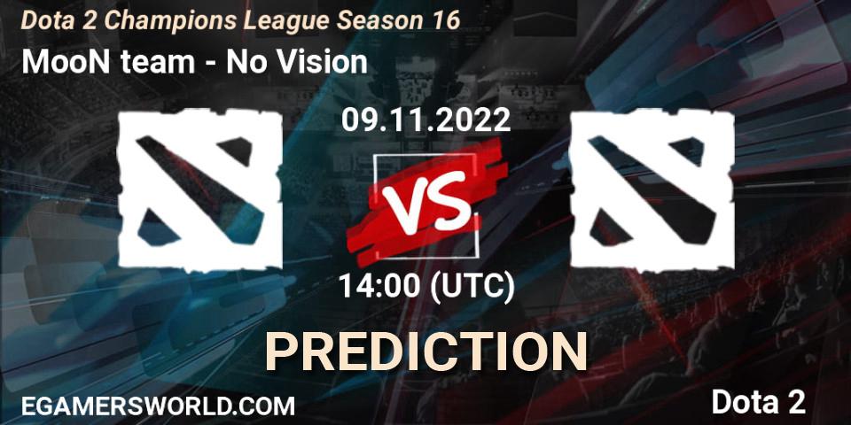 Prognose für das Spiel MooN team VS No Vision. 09.11.2022 at 14:18. Dota 2 - Dota 2 Champions League Season 16