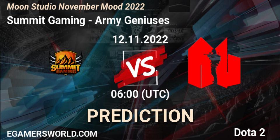 Prognose für das Spiel Summit Gaming VS Army Geniuses. 12.11.2022 at 06:05. Dota 2 - Moon Studio November Mood 2022