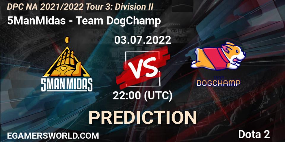 Prognose für das Spiel 5ManMidas VS Team DogChamp. 03.07.2022 at 21:59. Dota 2 - DPC NA 2021/2022 Tour 3: Division II