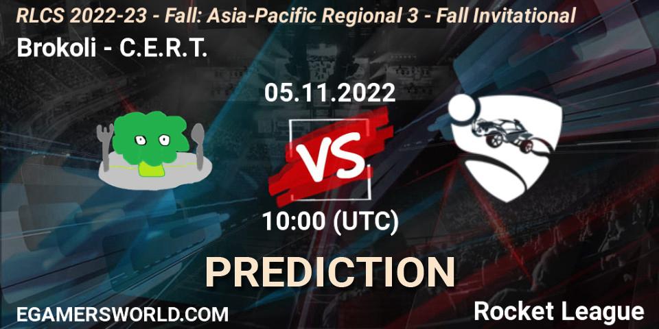 Prognose für das Spiel Brokoli VS C.E.R.T.. 05.11.2022 at 10:00. Rocket League - RLCS 2022-23 - Fall: Asia-Pacific Regional 3 - Fall Invitational
