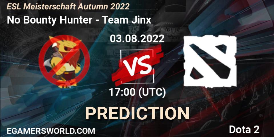 Prognose für das Spiel No Bounty Hunter VS Team Jinx. 03.08.2022 at 17:02. Dota 2 - ESL Meisterschaft Autumn 2022