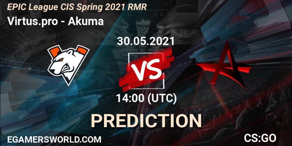 Prognose für das Spiel Virtus.pro VS Akuma. 30.05.2021 at 14:00. Counter-Strike (CS2) - EPIC League CIS Spring 2021 RMR