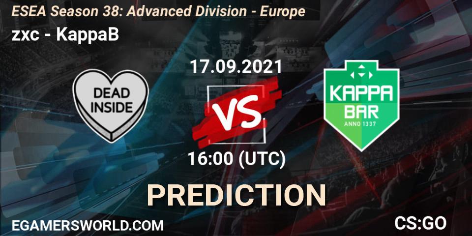 Prognose für das Spiel zxc VS KappaB. 17.09.2021 at 16:00. Counter-Strike (CS2) - ESEA Season 38: Advanced Division - Europe