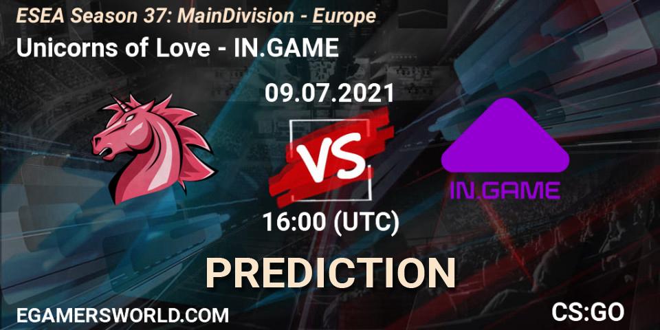 Prognose für das Spiel Unicorns of Love VS IN.GAME. 09.07.2021 at 16:00. Counter-Strike (CS2) - ESEA Season 37: Main Division - Europe