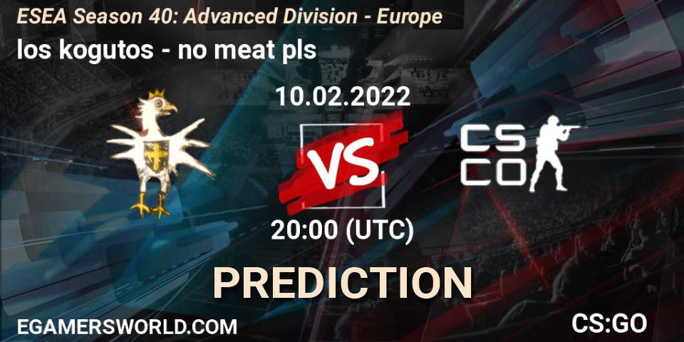 Prognose für das Spiel los kogutos VS no meat pls. 10.02.2022 at 20:00. Counter-Strike (CS2) - ESEA Season 40: Advanced Division - Europe