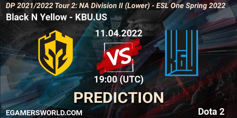 Prognose für das Spiel Black N Yellow VS KBU.US. 11.04.2022 at 19:44. Dota 2 - DP 2021/2022 Tour 2: NA Division II (Lower) - ESL One Spring 2022