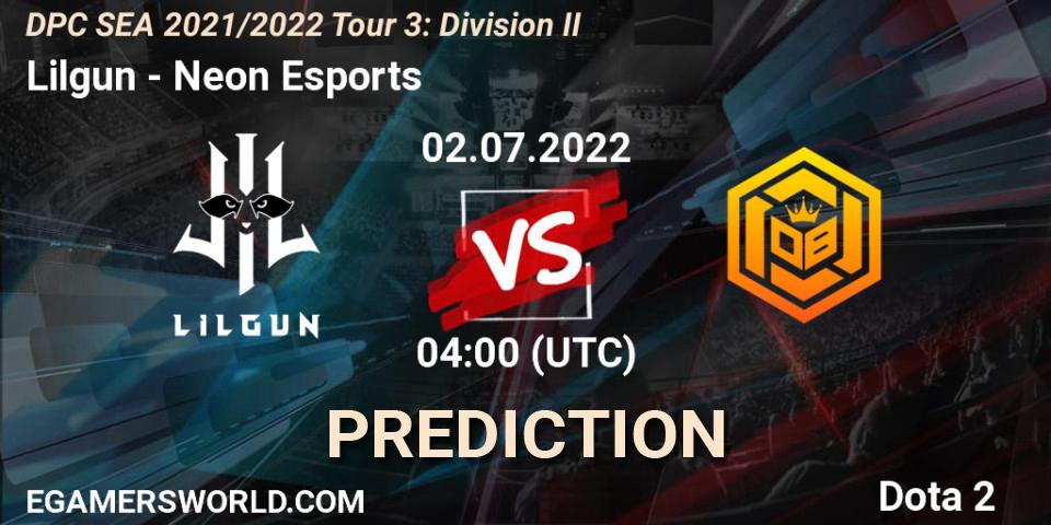 Prognose für das Spiel Lilgun VS Neon Esports. 02.07.2022 at 04:02. Dota 2 - DPC SEA 2021/2022 Tour 3: Division II