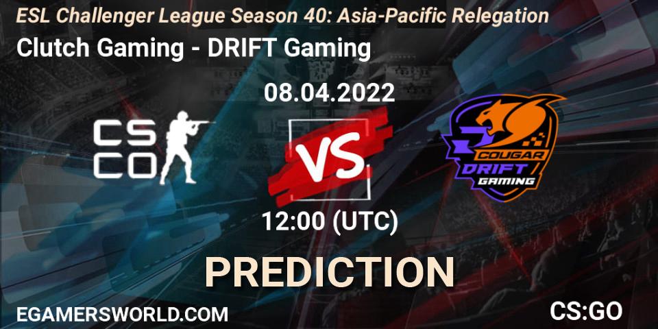Prognose für das Spiel Clutch Gaming VS DRIFT Gaming. 08.04.2022 at 12:00. Counter-Strike (CS2) - ESL Challenger League Season 40: Asia-Pacific Relegation