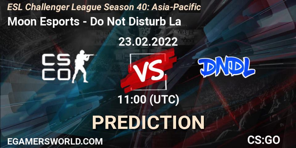 Prognose für das Spiel Moon Esports VS Do Not Disturb La. 23.02.2022 at 12:00. Counter-Strike (CS2) - ESL Challenger League Season 40: Asia-Pacific