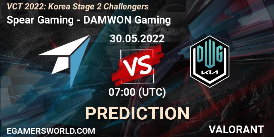 Prognose für das Spiel Spear Gaming VS DAMWON Gaming. 30.05.2022 at 07:00. VALORANT - VCT 2022: Korea Stage 2 Challengers