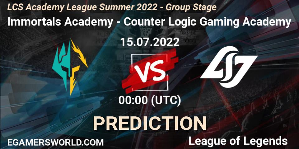 Prognose für das Spiel Immortals Academy VS Counter Logic Gaming Academy. 15.07.2022 at 00:00. LoL - LCS Academy League Summer 2022 - Group Stage