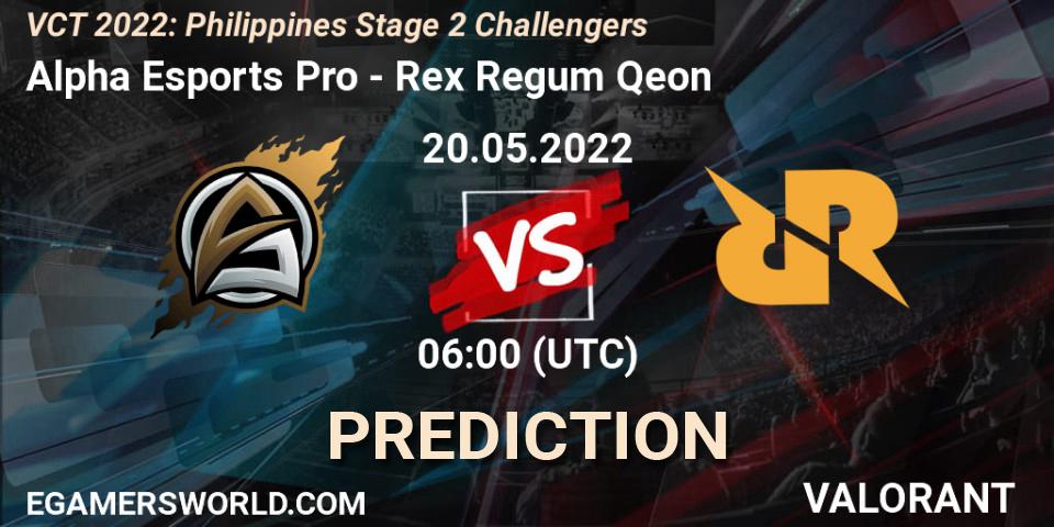 Prognose für das Spiel Alpha Esports Pro VS Rex Regum Qeon. 20.05.2022 at 06:00. VALORANT - VCT 2022: Philippines Stage 2 Challengers
