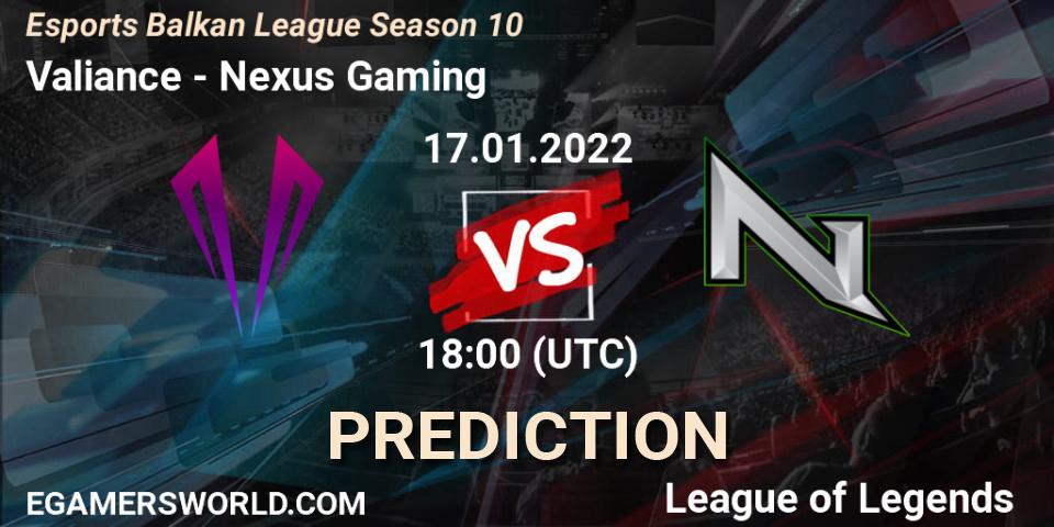Prognose für das Spiel Valiance VS Nexus Gaming. 17.01.2022 at 18:00. LoL - Esports Balkan League Season 10