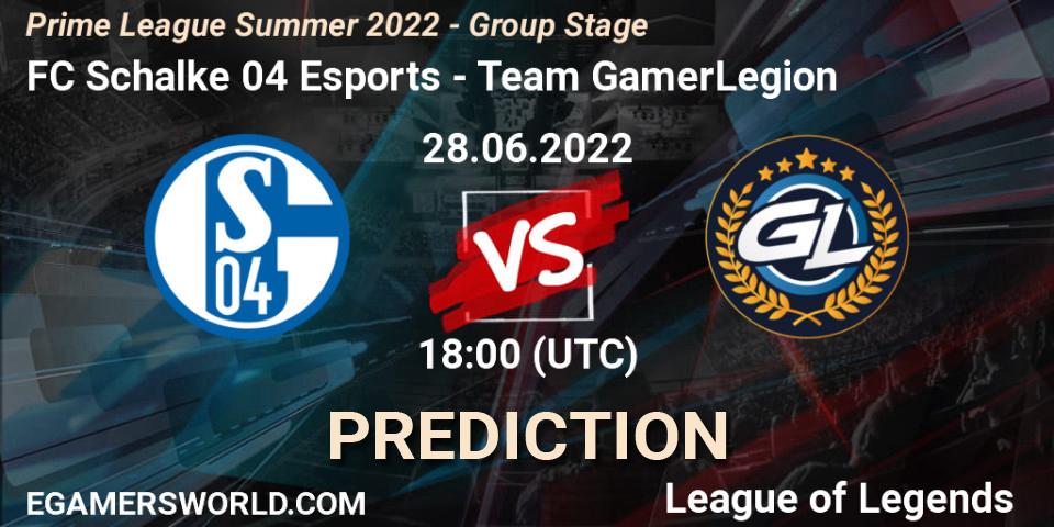 Prognose für das Spiel FC Schalke 04 Esports VS Team GamerLegion. 28.06.22. LoL - Prime League Summer 2022 - Group Stage
