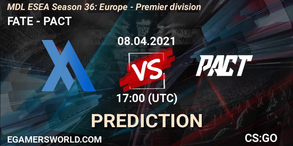 Prognose für das Spiel FATE VS PACT. 15.04.2021 at 19:00. Counter-Strike (CS2) - MDL ESEA Season 36: Europe - Premier division