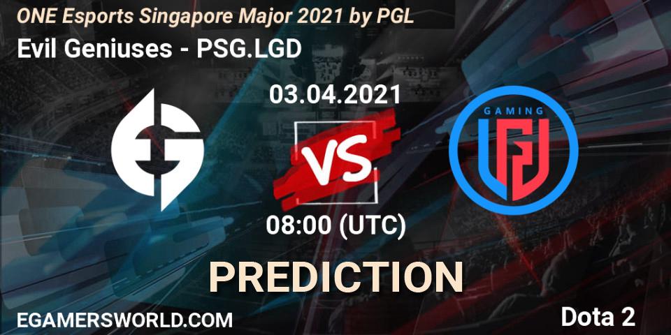 Prognose für das Spiel Evil Geniuses VS PSG.LGD. 03.04.21. Dota 2 - ONE Esports Singapore Major 2021