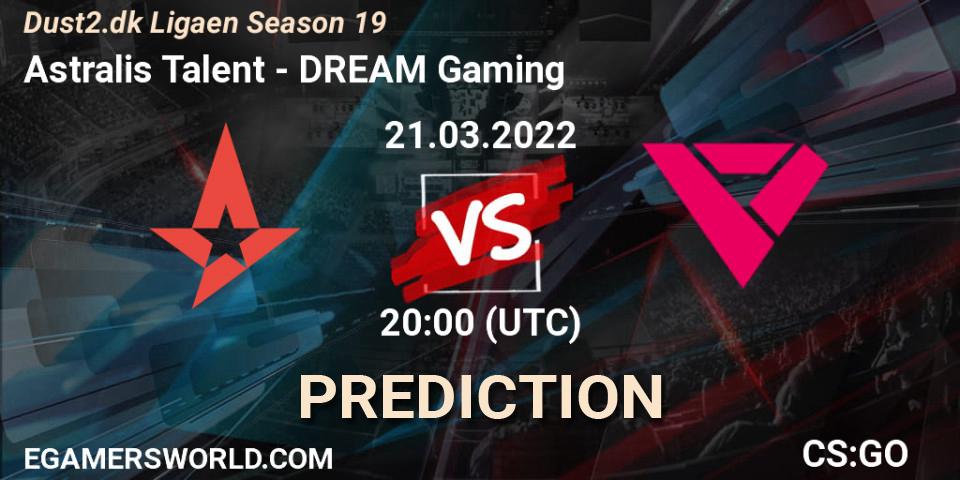 Prognose für das Spiel Astralis Talent VS DREAM Gaming. 21.03.2022 at 20:00. Counter-Strike (CS2) - Dust2.dk Ligaen Season 19