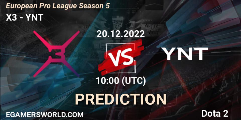 Prognose für das Spiel X3 VS YNT. 21.12.2022 at 10:09. Dota 2 - European Pro League Season 5