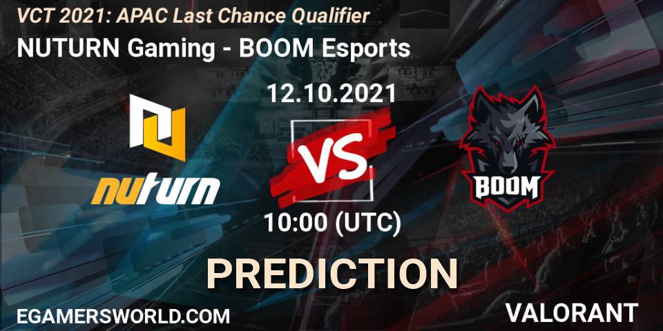 Prognose für das Spiel NUTURN Gaming VS BOOM Esports. 12.10.2021 at 11:00. VALORANT - VCT 2021: APAC Last Chance Qualifier