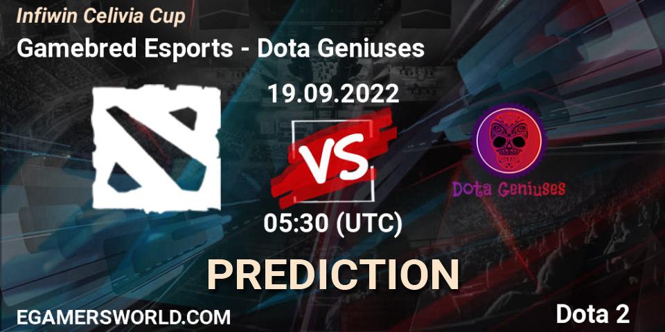 Prognose für das Spiel Gamebred Esports VS Dota Geniuses. 19.09.2022 at 05:29. Dota 2 - Infiwin Celivia Cup 