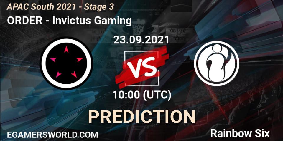 Prognose für das Spiel ORDER VS Invictus Gaming. 23.09.2021 at 10:30. Rainbow Six - APAC South 2021 - Stage 3