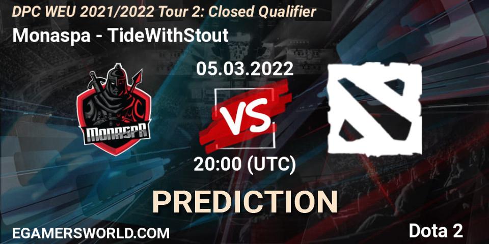 Prognose für das Spiel Monaspa VS TideWithStout. 05.03.2022 at 20:29. Dota 2 - DPC WEU 2021/2022 Tour 2: Closed Qualifier
