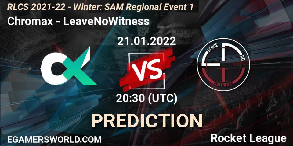 Prognose für das Spiel Chromax VS LeaveNoWitness. 21.01.2022 at 20:30. Rocket League - RLCS 2021-22 - Winter: SAM Regional Event 1