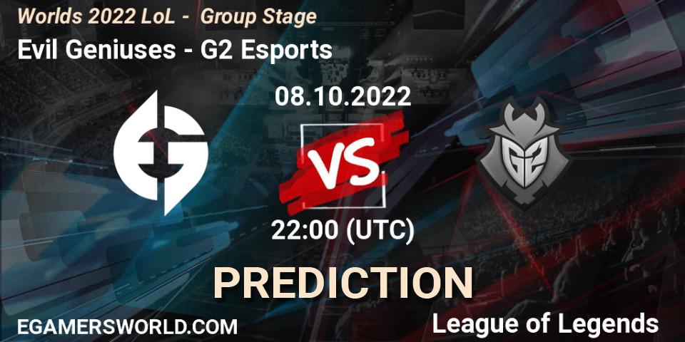 Prognose für das Spiel Evil Geniuses VS G2 Esports. 08.10.2022 at 22:00. LoL - Worlds 2022 LoL - Group Stage