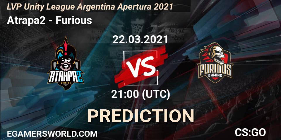 Prognose für das Spiel Atrapa2 VS Furious. 22.03.2021 at 21:00. Counter-Strike (CS2) - LVP Unity League Argentina Apertura 2021