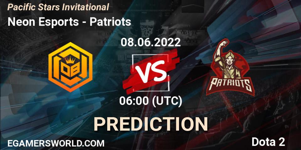 Prognose für das Spiel Neon Esports VS Patriots. 08.06.2022 at 10:57. Dota 2 - Pacific Stars Invitational