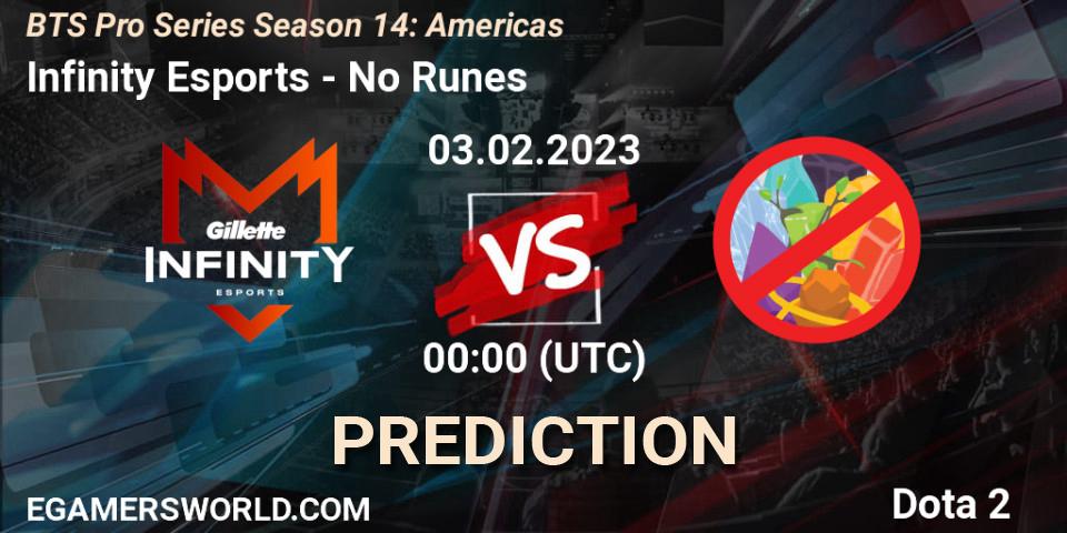 Prognose für das Spiel Infinity Esports VS No Runes. 03.02.23. Dota 2 - BTS Pro Series Season 14: Americas