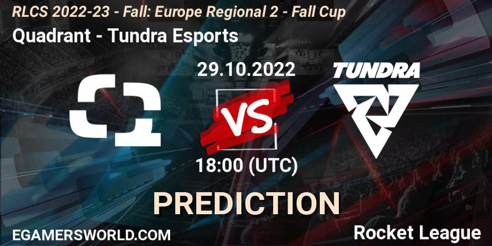 Prognose für das Spiel Quadrant VS Tundra Esports. 29.10.2022 at 18:00. Rocket League - RLCS 2022-23 - Fall: Europe Regional 2 - Fall Cup