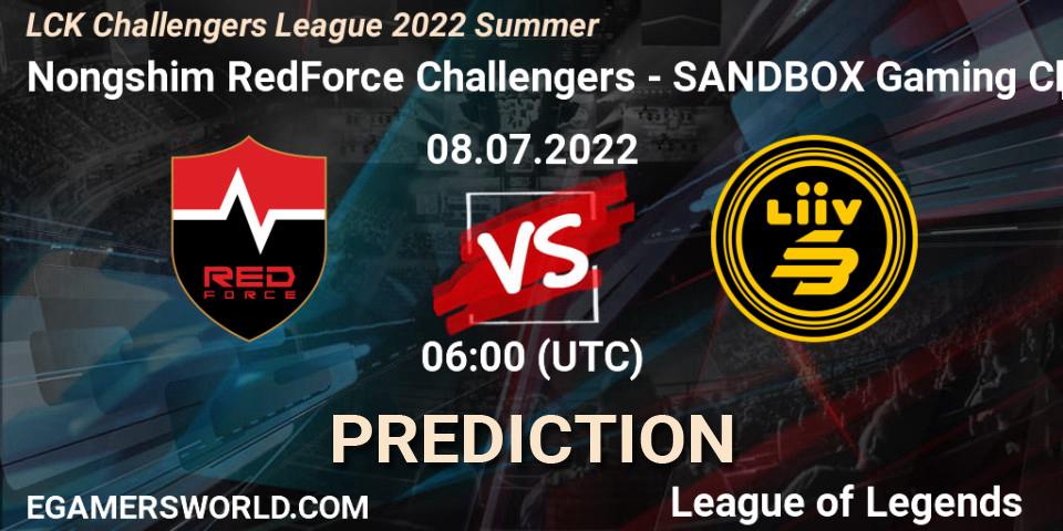 Prognose für das Spiel Nongshim RedForce Challengers VS SANDBOX Gaming Challengers. 08.07.2022 at 06:00. LoL - LCK Challengers League 2022 Summer